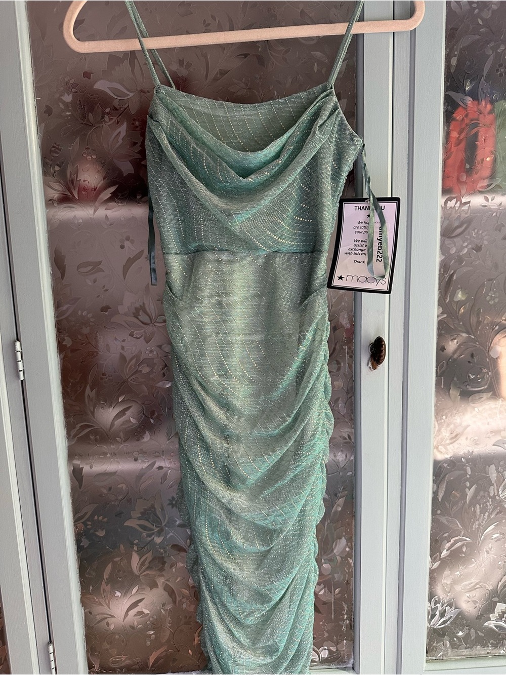 Macy's Shimmery Mint Green Cowl Neck Ruched Midi Dress